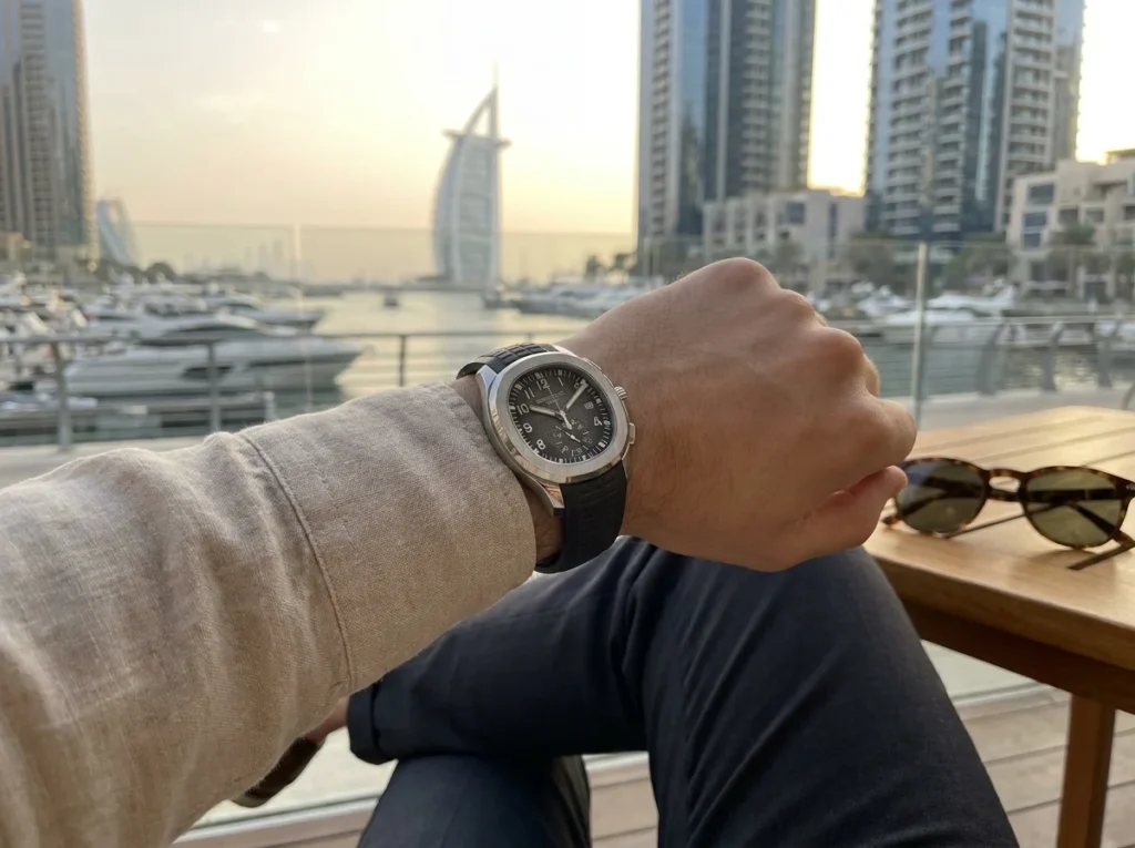 Replica Patek Philippe Aquanaut Style Dubai Replica Patek Philippe Aquanaut style watch in Dubai smart casual outfit