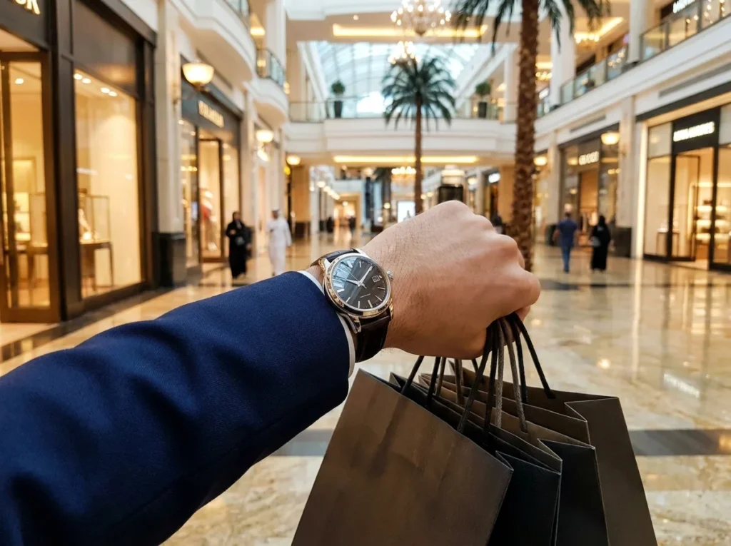 Replica watches in Dubai Mall styled with luxury shopping outfits