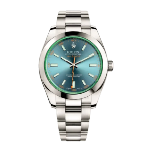 Rolex Milgauss Blue Dial Green Sapphire 40mm replica watch in Dubai by Dubai Qasr Replica Watches