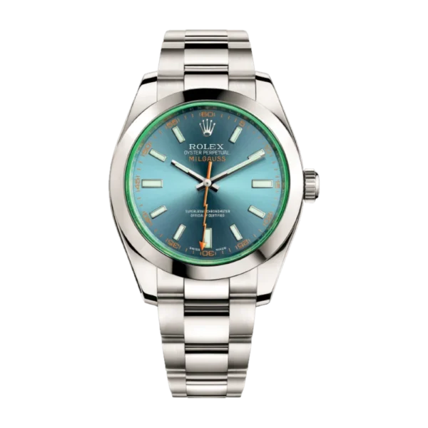 Rolex Milgauss Blue Dial Green Sapphire 40mm replica watch in Dubai by Dubai Qasr Replica Watches